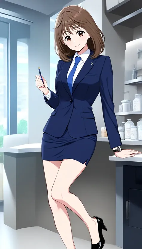  Masterpiece  ,  top quality, Good quality, Mochida Mako ,  brown hair,  Brown Eyes ,  medium hair up to buttocks,  smile,
  1 girl, Alone,Normal milk、 narrow waist 、Bare legs、 standing、 in a suit、 navy blue jacket , collared shirt 、 white shirt、 blue tie,...