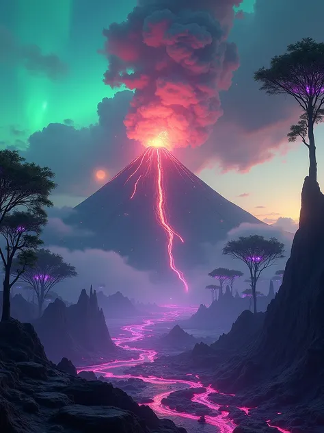 (fantasy environment, highly detailed, 4K UHD, colorful lighting) | A colossal alien volcano erupting on a distant planet, releasing glowing streams of bioluminescent lava in shades of neon green and purple. Surrounding the volcano are towering alien trees...