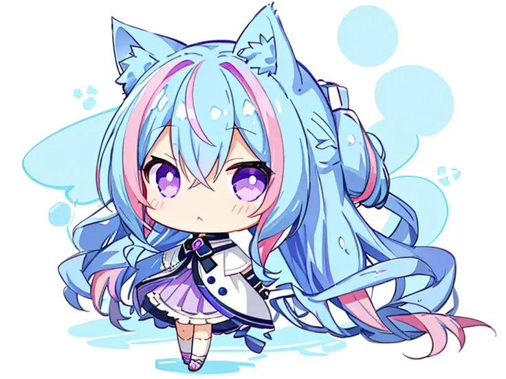 pink and light blue ((streaked hair)), highlights hair　masterpiece, medium shot, purple eyes, Draw a girl in a dress with a cat tail, cute anime cat girl, cute!! tchibi!!! , 太いLine art, nekomimi, Petite and curvy loli, Line art, シンプルなLine art,  flat anime ...