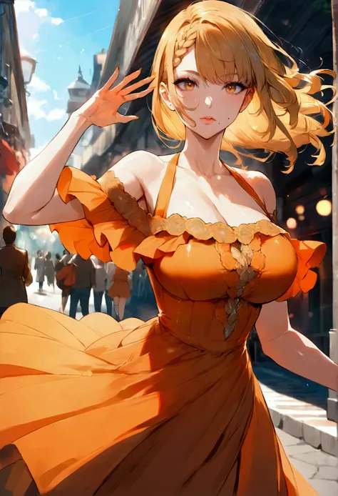 a woman posing on the street corner with orange dress on, best quality, 1girl, large breast, day, bright, blur background, bokeh, outdoor, (street:0.8), (people, crowds:0.8), (off-shoulder dress:1.2), gorgeous, (braided bangs:1.2), beautiful detailed sky, ...