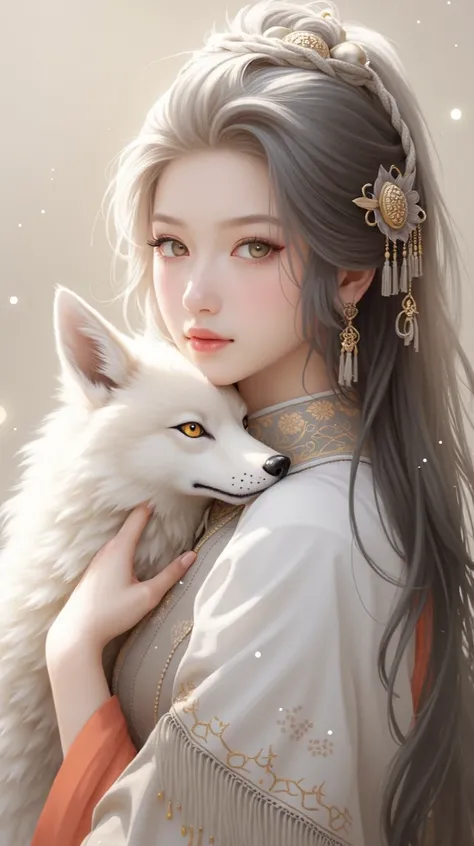 anime girl with long hair and a white wolf, a beautiful fox lady, by Yang J, guweiz, artwork in the style of guweiz, white - haired fox, girl with fox ears, by Fan Qi, by Ye Xin, by Li Song, by Zeng Jing, a beautiful kitsune woman, by Li Fangying, by Ni Ti...