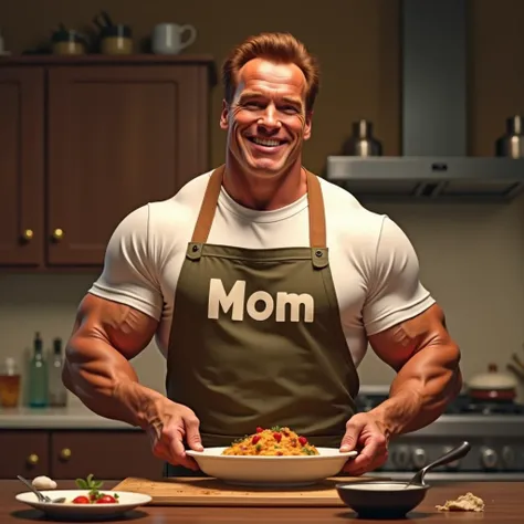 Arnold Schwarzenegger, in a good mood, in the kitchen, preparing a dish. He is wearing an apron that says Mom. Soft light from a kitchen.