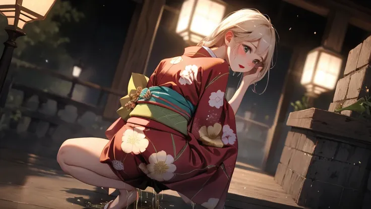 High resolution, Beautiful woman, Attention to detail, Good lighting, Obscene, conversion, ((kimono)), ((Takageta)), Put your hands behind your head、Bare thighs, Bare arms, (((Be incontinent))), (Pee), Peeの染み, (puddle), Thick thighs, Nice long legs, lipsti...