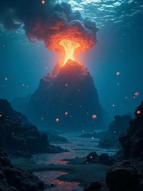 (underwater scenery, hyper-detailed textures, bioluminescent lighting, 4K UHD) | A spectacular underwater volcanic eruption deep in the ocean, glowing magma bursting through the seabed, surrounded by billowing clouds of black smoke and volcanic gases. The ...