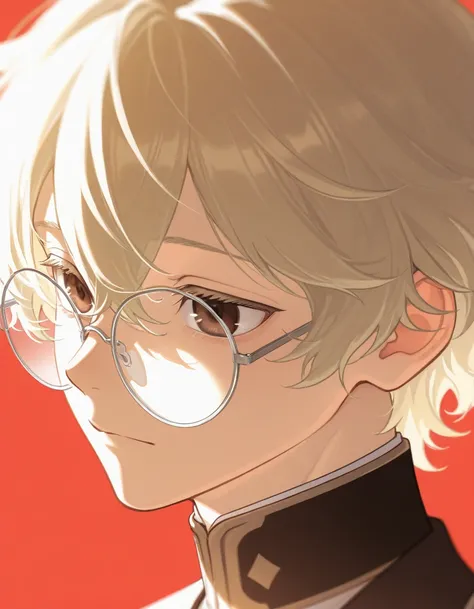 masterpiece,best quality , newest , safe, 1boy ,Men, round glasses, blonde hair , white reflection in the eyes , short wavy hair , brown eyes ,rindo sarcasticaMente, white reflection of light on glasses ,White eyeglass lenses , with head raised in an air o...