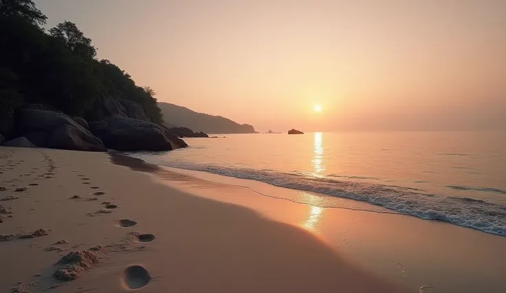 Realistic photo of the fateful beach at dawn
A tranquil beach scene at dawn on Koh Tao, with soft golden-pink light from the sunrise reflecting on the water. The shoreline is partially deserted, with faint footprints on the sand leading toward the rocky ar...