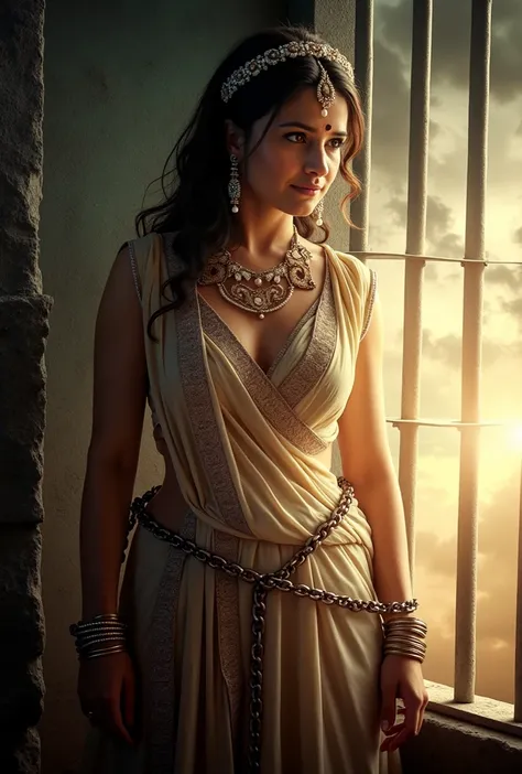 Bollywood movie poster showcasing Princess Amara a mid age beautiful indian princess lady in a full-body pose, standing inside a dimly lit prison cell. She is positioned slightly away from the bars, looking outward with sorrowful yet defiant eyes. Her hand...