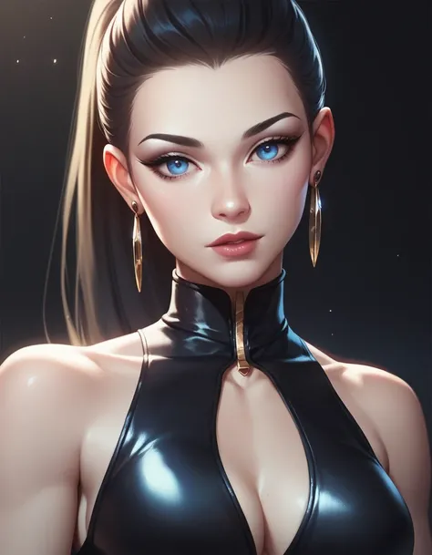 female sleeveless black leather turtleneck, high neckline, bare shoulders, racerback, bare toned arms, beautiful faces, black ponytail with showing forehead, long ponytail, black earrings, soft smooth skin, pale skin, black background, blue eyes, sci-fi, h...