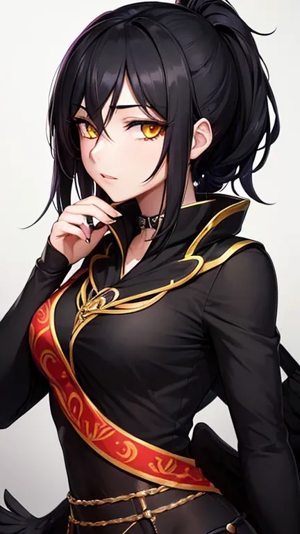 (work of art, Maximum quality, best qualityer, offcial art, beautiful and aesthetic:1.2) Anime Crow Female With Two Black Crow Wings, Black Body, Black Hair, Yellow Eyes, Wearing Black Cloak Clothing and Red, Black Pants