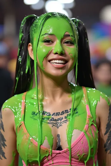 Portrait photograph of bella poarch covered in green slime. Photorealistic. Glistening liquid. Green slime. Slime. Wet. Raw photo. Wearing pink push-up bra. Film photo. Custard. (Bella poarch: 1.4). New York City. Bokeh. BellaP. Pigtails. Cleavage.