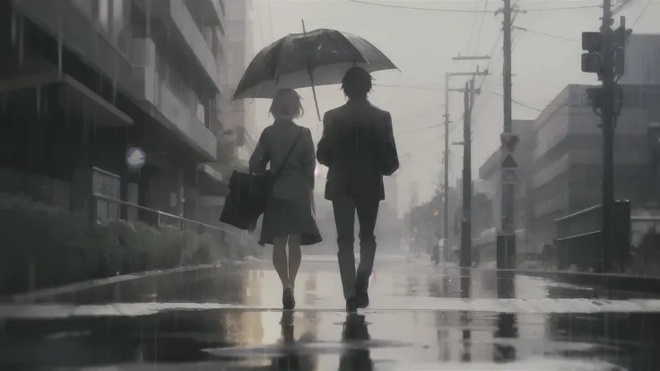 there are two people walking down the street in the rain, a picture by Jaakko Mattila, pexels, antipodeans, stunning moody cinematography, shot from movie, man and woman walking together, rainy streets in the background, still from a music video, high qual...