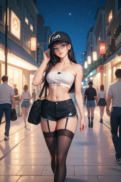 A girl,  Black hair, long.  blue eyes . Black mini hot pants ,  white strapless crop top.  black stockings , black liguero. backwards,  walking down the street ,  at night, cap