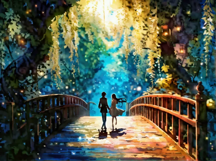 A mysterious boy and a beautiful girl with magical powers are spending time together on an elegant, ancient bridge. The bridge is covered with vines and situated in the middle of a magical forest. The sky glows softly under twilight.

The boy is dressed in...