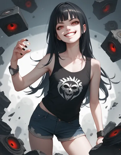  1 girl, ,, black hair, long hair, short bang,change, watch viewers, tank top in front of urinal, denim shorts,Half-open eyes, Evil Smiles ,Improve,