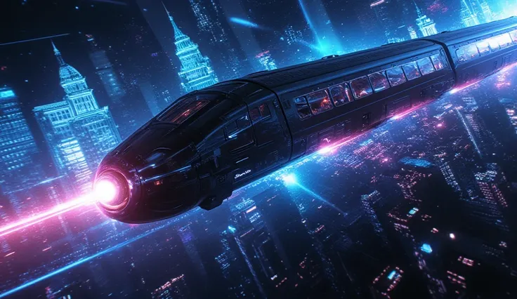 
 science fiction ,  realistic .  shining shadow of a cyberpunk train flying in cosmic space in a very spiral and dynamic way, breaking up many layers of dimension, with many beautiful traces of light .  many historic landmarks are holographically shown in...