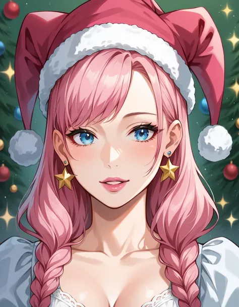 diamond earrings, earring close up. earring pov, headshot pov, sparkling diamonds, christmas, santa hat, long pink hair, (masterpiece, best quality:1.2), 1girl, solo, pink lipstick, long pink hair, waist length hair, hair down to waist, blue eyes, pink glo...