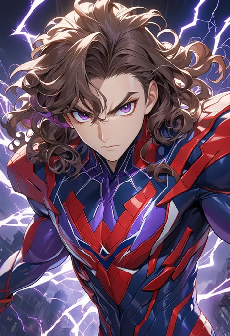 young guy, long brown curly hair, purple eyes, purple superhero form, Spider-Man 2099, web, claws, lightning, Masterpiece, best quality, Full HD, 8k, ultra details, great graphic, anime style, 2D, detailed eyes, beautiful eyes, beautiful face, beautiful cl...