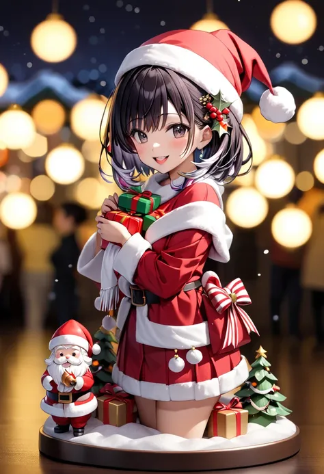  dark-haired woman"Haruna" , Cute Santa Claus figure , background: Illuminations((backgroundぼかし))