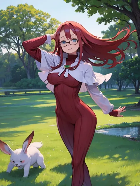 Red-haired woman with huge breasts is shyly standing in front of a big tree、 blue eyes、 upper body、Place your hands on your head、Thigh Gap、blush、smile、Large Tree、field、lake、turtleneck rip sweater 、Cape、((Red sweater))、((白いCape))、Glasses、White Beret、 straig...