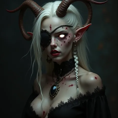 ((Mediovale)), uma mulher Tiefling, reddish skin, ((ram horns)), ((small horns)), broken left horn, completely white eyes, eye patch on the left side, scar under the eye patch, scar on the lips on the right side, shaggy white hair, two braids on each side ...