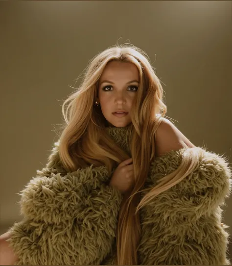 A portrait of britney spears, britney, blonde woman with long, flowing hair, wearing a light olive-green, textured, shaggy, oversized sweater/coat,  exuding a vintage, slightly ethereal, and subdued glamour, shot with a soft-focus, shallow depth-of-field l...
