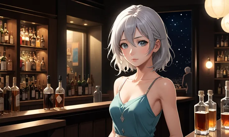  completely use the depiction of Makoto Shinkai,Summer Mcintoshのポートレート,8k 4k masterpiece photo ,Swiss capital ,,A jazz bar with a glass ceiling, and the twinkling of the stars can be seen through that glass window,It&#39;s a dark night outside, jazz is pla...