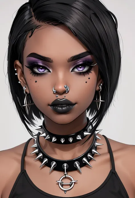 black women, goth amkeup , choker with spikes (black) , nose piercing , earings  goth , short hair , 