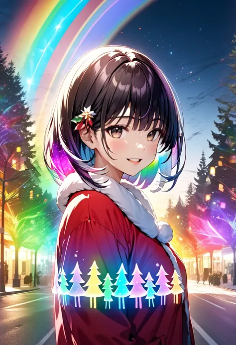  dark-haired woman"Haruna" , Cute Santa Claus figure , background:Rainbow-colored illuminations on street trees(( Double Exposure :1.5 ,LED Magic Effects :2.0 ,backgroundぼかし))