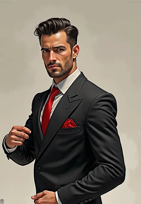 With a black suit and red tie 