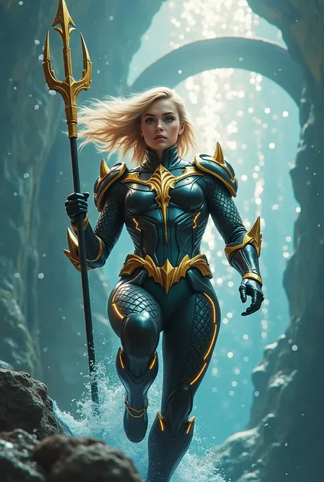 "Create a hybrid superhero that combines the stealth and agility of Black Widow with the aquatic powers and regal presence of Aquaman. The character is wearing a sleek, armored bodysuit that blends Black Widows tactical black suit with Aquamans oceanic des...