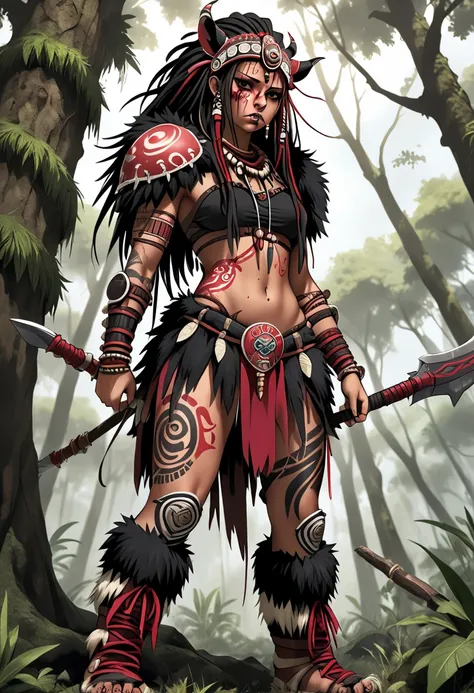 countless fresh bleeding bloody injuries all over the body, (low-angle view, full body), incredible tall skinny exhausted black barbarian female warrior wearing decorated beast fur, full body leaning visible exhausted against tree, thoughtful fierce tribal...