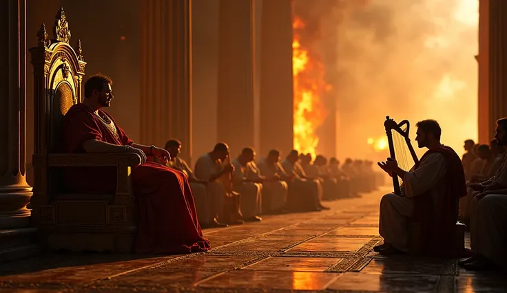 A shadowy depiction of Caligula seated on a gilded throne surrounded by opulence, with fearful senators kneeling before him. The scene transitions to Nero playing his lyre as flames engulf a section of Rome in the background, symbolizing their reigns of cr...