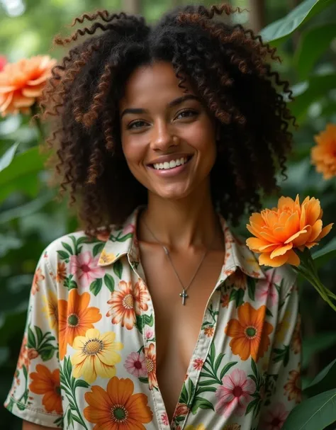  A Brazilian woman in a lush tropical garden,  wearing an open shirt with floral print ,  with a close up capturing the harmonious beauty between her breasts and natural flowers,  showing your natural charm and outgoing personality.