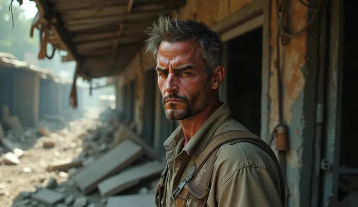 close up, Cinematic style of a man staying in a destroyed shop looking forward like see someone need help