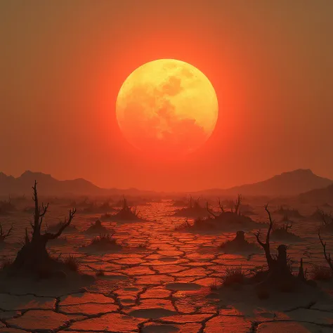 landscape, a huge hot red ball of sleep rises above the horizon, dry cracked ground ,  stunted dry vegetation 