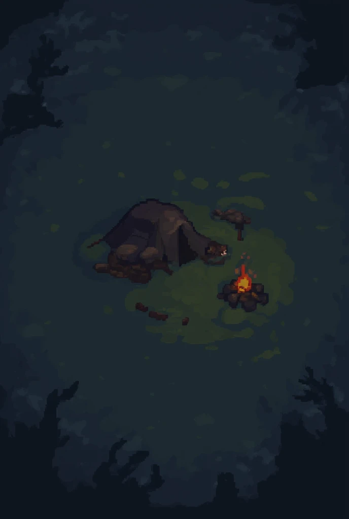 "A campsite in a swamp, with a camping tent and an unlit campfire and a torn sleeping bag on the damp vegetation. Muddy water surrounds the site. Creatures of creatures are shown in the distance lurking around the campsite. Pixel art. Its nighttime. Spooky...