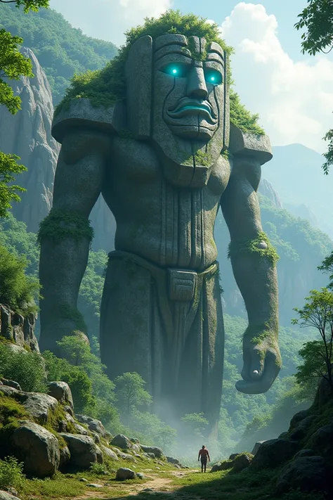  A stone colossus with moss,  bright blue eyes , Larger than the forest 