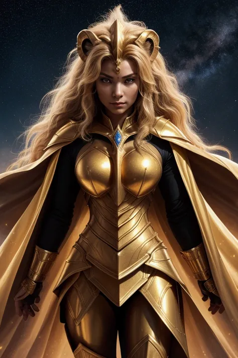 " A powerful woman dressed in the golden armor of the Lion Knight ,  with elegant and impressive details that reflect the majesty and strength of her constellation. Your helmet,  with a refined design and elements that recall the mane of a lion ,  partiall...