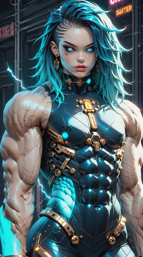 (nsfw:1), (Uncensored:1), score_9, score_8_up, score_7_up, (three quarters Shot), (1 girl), (asian), beautiful teenage (skinny) muscular goth cyborg girl, (full Cybernetic bodysuit:1.5), (black sclera:1.5), (blue glowing eyes:1.5), (blue glowing electric v...