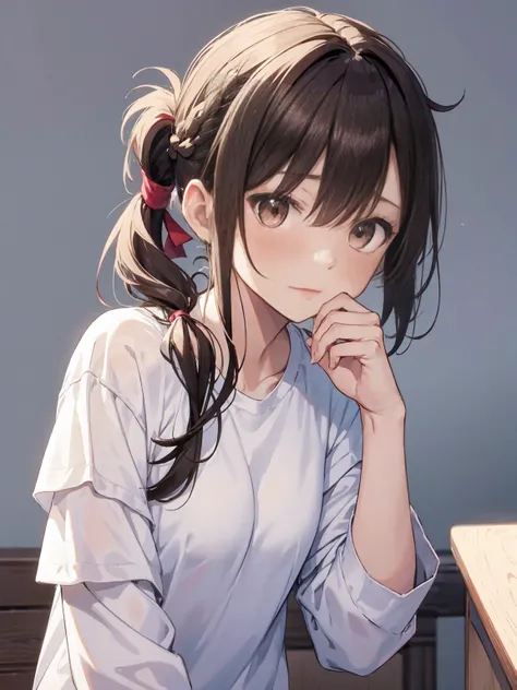 1girl,  small breasts,baggy white t-shirt,
face close-up,raise your hand,I can see the side,
eliminate shadows
brown hair,long hair,tie hair,tie hair back,
brown eyes,blush, nose blush, embarrassed,very embarrassed,face forward,best quality
embarrassed fac...