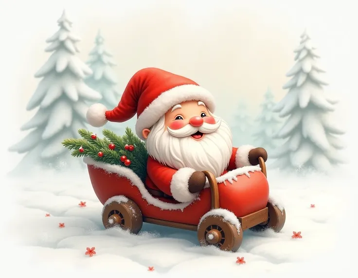  cute Santa Claus, Shes smiling , He is small,  with the short body , watercolor. white beard,  red clothes, in a snow vehicle