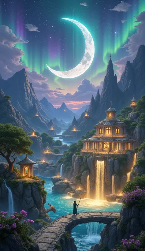 Envision a breathtaking fantasy world under a radiant, starlit sky. A massive crescent moon illuminates the landscape, casting silver light over an enchanted valley surrounded by towering mountains glowing with crystalline veins of blue and purple. A seren...