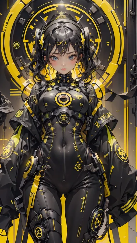 1gothic girl with black and yellow techwear clothes, circles neon in background