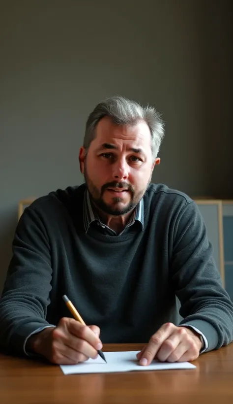 man, sitting at a table,  looking at the camera 