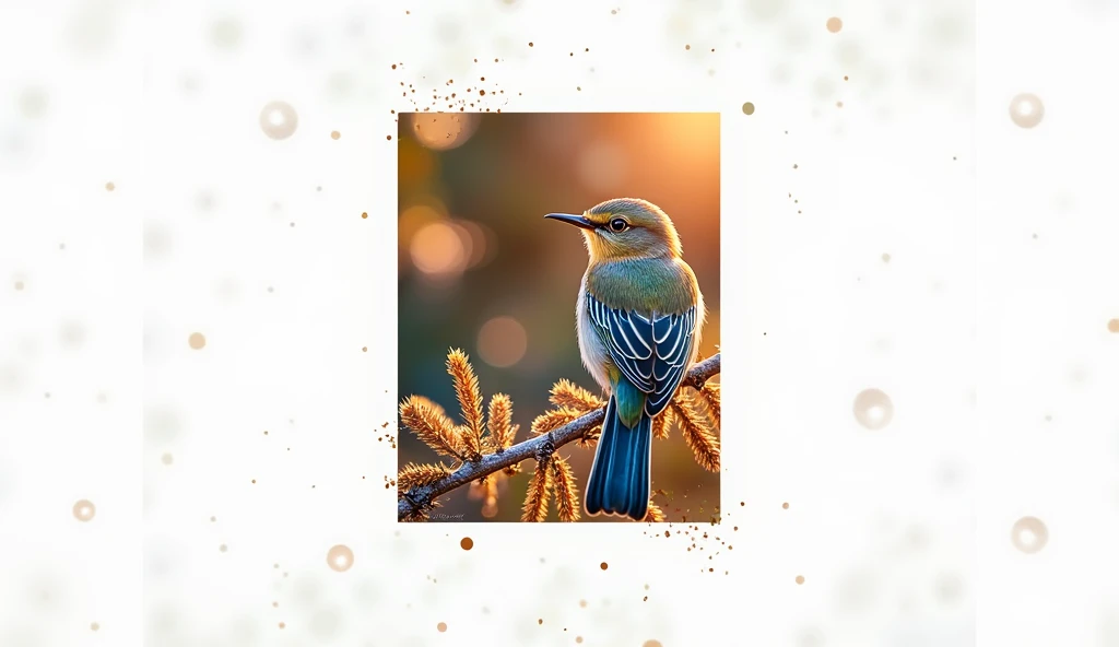  A fascinating close-up of a beautiful little bird,  illuminated by the soft golden light of a peaceful morning, with bright bokeh,  gently framing her elegant shape .