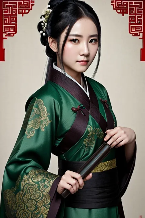 1 girl, heroine, handsome, splashed ink, Chinese armor, (upper body), black hair, floating hair, delicate eyes, black and green antique damask Hanfu, fov, (f1.8), (masterpiece), (portrait shot), front shot, white background, (movie poster), weapon