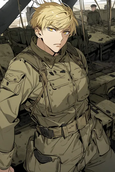 blond hairs, man, short hair, golden eyes, military, army outfit, 