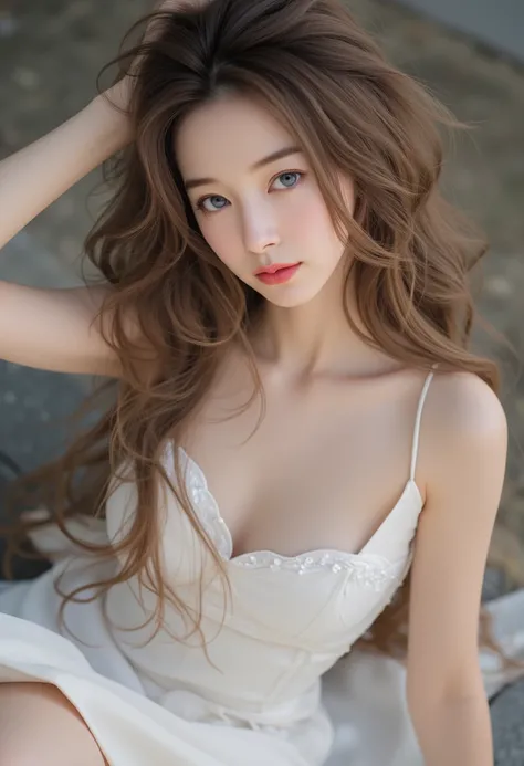 ( best quality, High Resolution ,Super detailed),((Portrait )),a  Portrait of a slender east asian woman with long,   wavy brown hair , A woman shivers in a white mini mermaid dress.  long , A little messy hair ,  The blurred background is partially fallin...