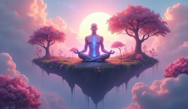 A surreal image of a person meditating on a floating island in the sky, surrounded by clouds and glowing flowers. The figure is in a perfect meditative pose, with an ethereal glow emanating from their body. The island is lush with exaggerated, oversized tr...