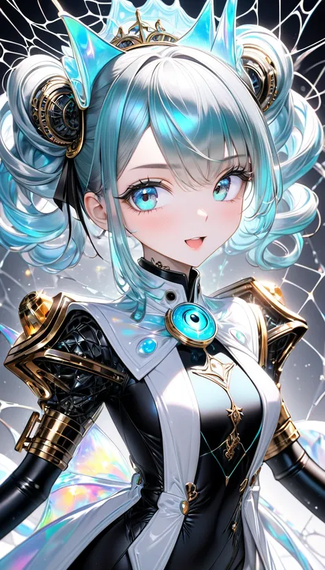  seamless image fusion ,  best quality, Super fine, 16k,  unbelievably absurd ,  very detailed, Delicate and dynamic, Cool and beautiful woman, (Iridescent Tiffany Blue Half Up Hairstyle , Princess Cut Hairstyle,  princess cut, Beautiful Drill Hairstyle), ...